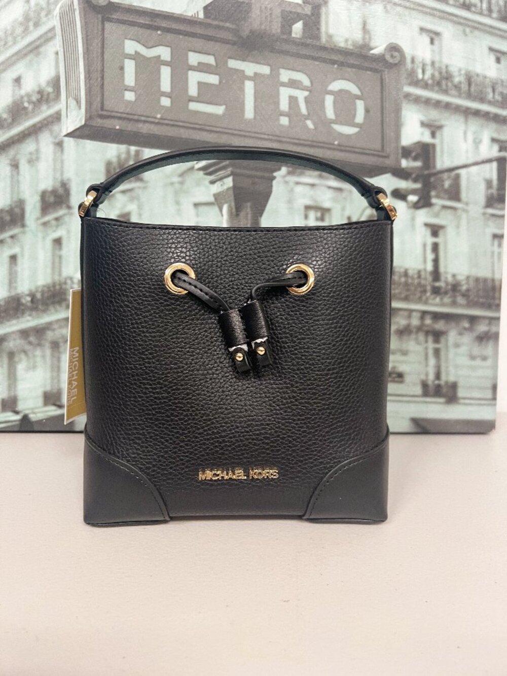 Michael Kors 35R3GM9M1L Mercer Small Black Pebbled Leather Bucket Bag Crossbody